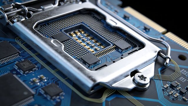 Close-up of cpu chip on motherboard