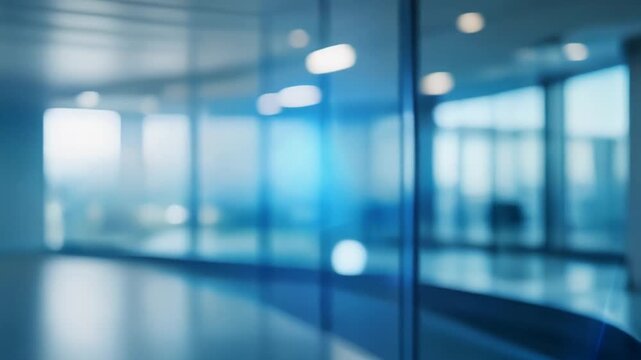 湾曲したガラス表面に反射する柔らかなブルーのグラデーションと明るく清潔な企業の雰囲気