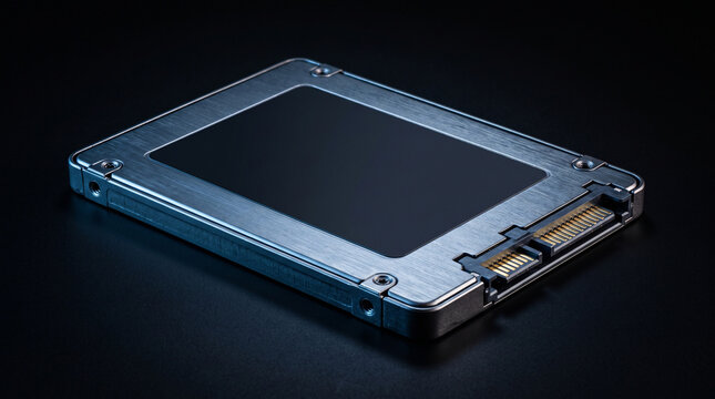 Modern solid state drive isolated on a dark background.