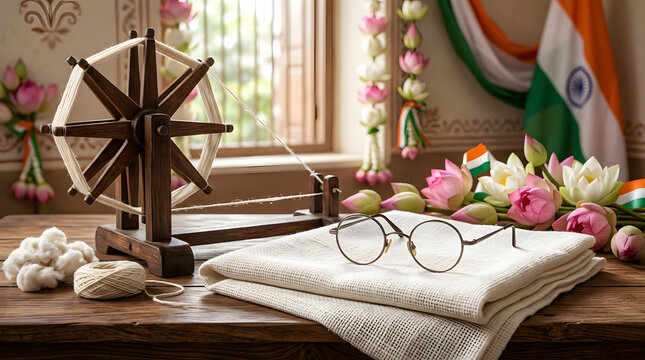 Traditional wooden charkha with khadi cloth and Indian flag.