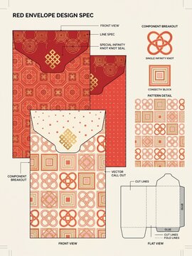 Traditional red festive packet vector template featuring gold filigree patterns and design specifications.