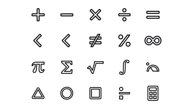 Collection of mathematical and scientific symbols icons on transparent background