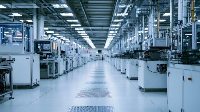 Long perspective view of a modern factory floor with rows of automated hinery under bright overhead lighting