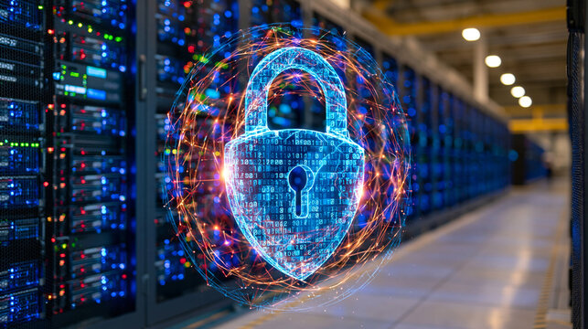 Advanced secure data center infrastructure with neatly arranged server racks, encrypted cloud data represented by glowing connections and a prominent digital padlock, IT security and enterprise tech