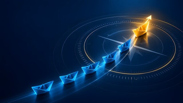 Glowing yellow paper boat leading a fleet of blue boats across a digital compass representing business leadership and strategic direction