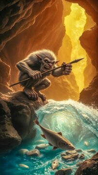 Troll Fishing with Spear in Cave Illustration.
