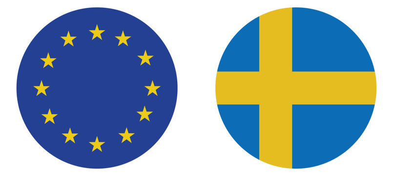 European Union and Sweden round flag icon vector, circular EU and Swedish national symbols with yellow stars and blue yellow colors, international travel and geography design