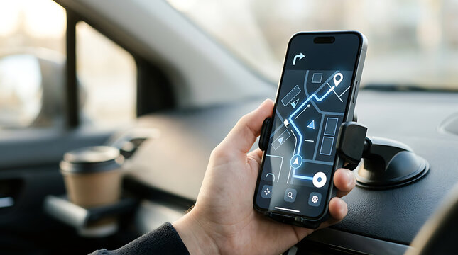 Person Using A Digital Navigation Map App On A Smartphone While Sitting Inside A Modern Vehicle To Find Directions And Plan Travel Routes