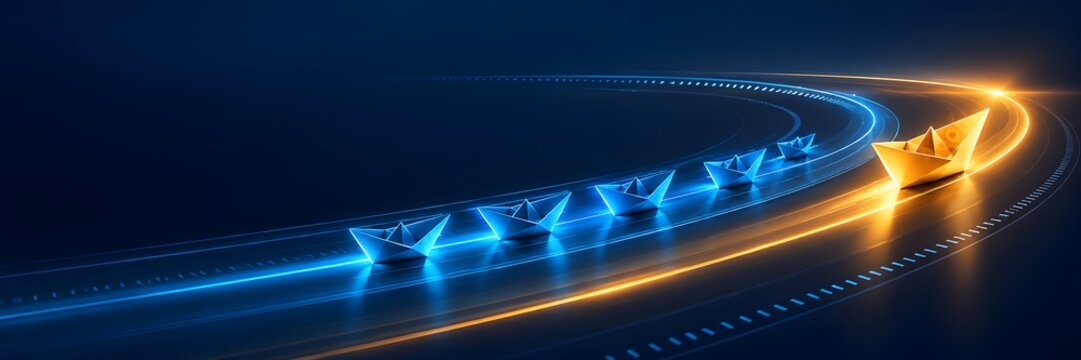 Glowing golden paper boat leading a fleet of blue boats around a curved light trail representing fast business growth and visionary leadership