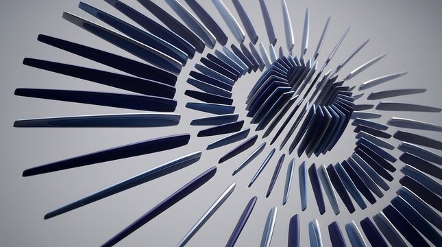Abstract futuristic 3D mechanical turbine blades arranged in a dynamic circular spiral pattern