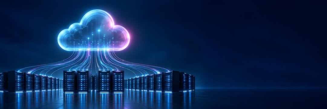 Massive glowing cloud icon connecting to large server farm racks representing global datacenter infrastructure and fast cloud computing network