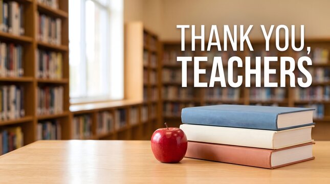 Thank You Teachers text with books and red apple on wooden desk in library, teacher appreciation day concept