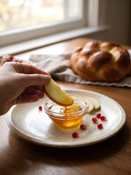 Woman dipping apple slice in honey with challah bread for Rosh Hashanah celebration