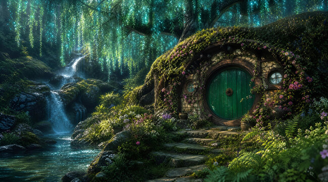 Hidden Fantasy Hobbit Dwelling Nestled Beside a Serene Crystal Clear Waterfall