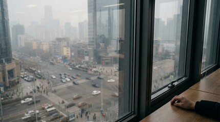 Obraz premium An Urban Cityscape Viewed Through a Window, Showcasing Busy Traffic and Distant Buildings