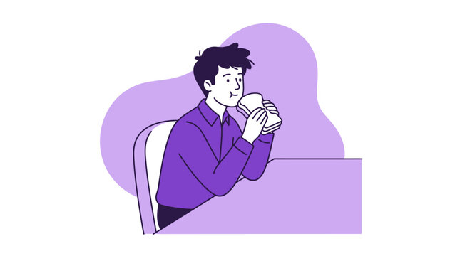 Young man eating a sandwich at a desk, flat vector illustration on white background.
