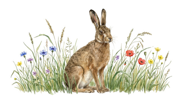 Watercolor illustration of a brown hare in a meadow isolated on transparent background