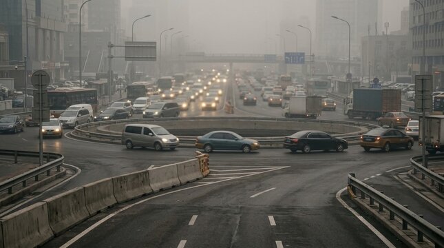 Busy urban traffic circle in smoggy conditions with congested city roads