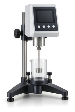 Precision rotational viscometer with vertical spindle, sample container holder and digital control unit for laboratory viscosity measurement and analysis.