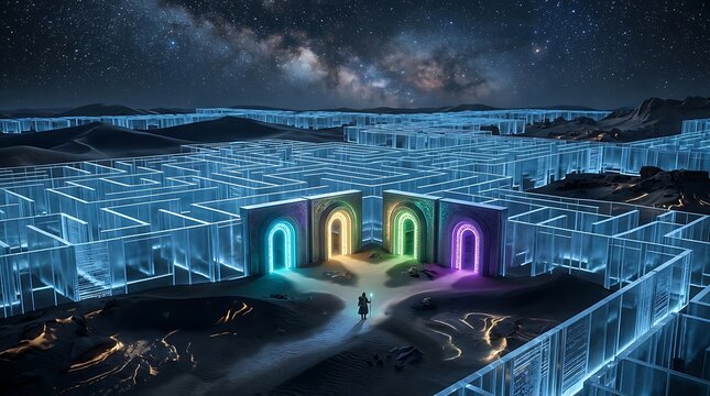 A solitary explorer standing before glowing portals within a sprawling labyrinth under a vast night sky filled with stars providing a conceptual journey towards enlightenment and secret