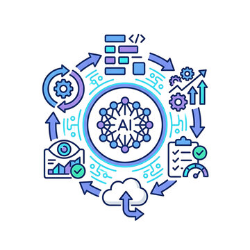 Graphic illustration of an artificial intelligence MLOps workflow cycle with cloud computing and data processing icons