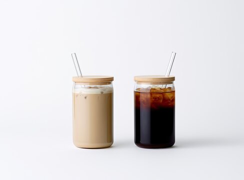 Two refreshing beverages with straws, one creamy, one dark, on white