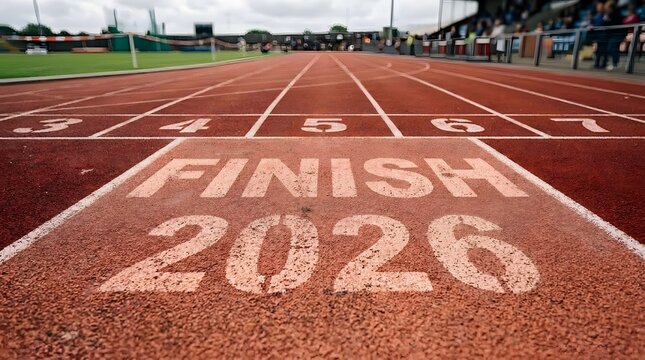 Close up of a running track with the word finish and the year 2026 painted on it