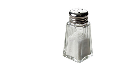 Classic clear glass salt shaker utensil with metallic top cap isolated on transparent background