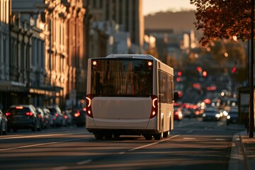 Obraz premium Rear view of white public bus driving down urban street at sunset