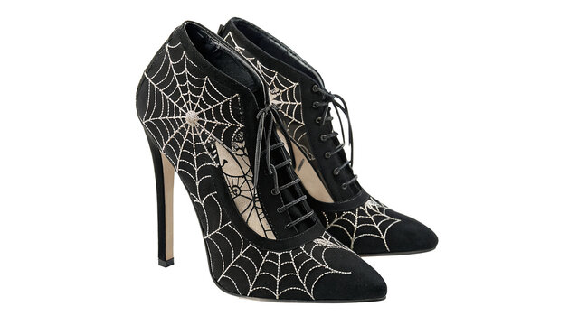 Luxury high heel black stiletto shoes with spider web pattern isolated on transparent background