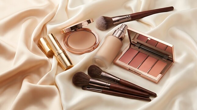 Set of professional makeup brushes and cosmetic powder palettes for beauty and skincare routine tasks. high-end makeup sale