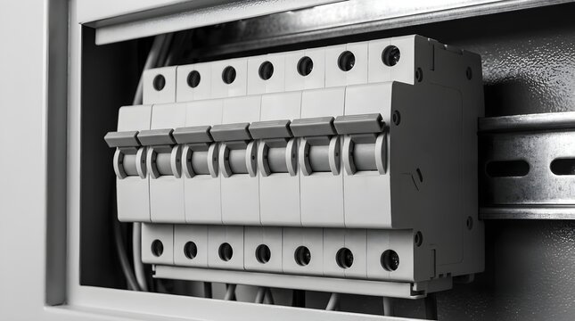 Close up view of grey miniature circuit breaker array mounted on din rail inside electrical switchboard distribution panel box for power protection.