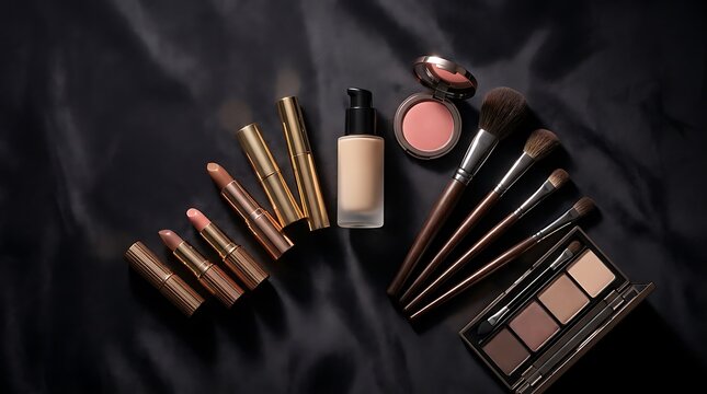 Set of professional makeup products with lipsticks and brushes arranged on a dark black background. high-end makeup sale