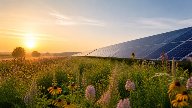 Solar field with native wildflower pollinator corridor