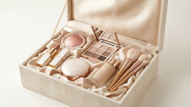 Open makeup vanity case filled with various beauty products brushes and cosmetic eyeshadow palettes. high-end makeup sale
