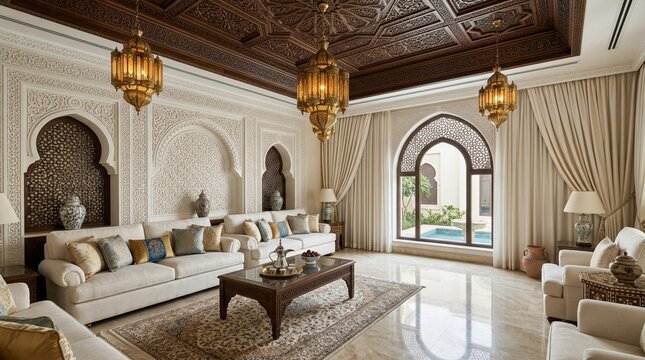 Luxury Moroccan Living Room with Intricate Details and Pool View