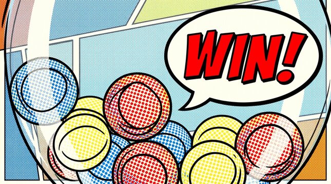 Lottery balls win speech bubble comic pop art jackpot celebration. Colorful halftone lottery balls surround a bold WIN speech bubble in a retro comic layout for gambling advertising campaigns