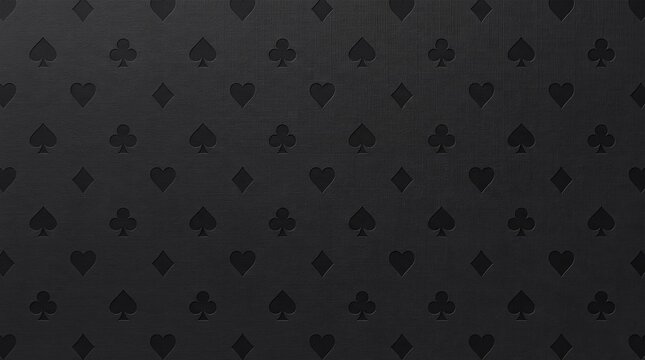 Casino card suits pattern black texture seamless elegant background dark. Subtle embossed hearts clubs diamonds and spades repeat across a dark charcoal surface for gambling advertising campaigns