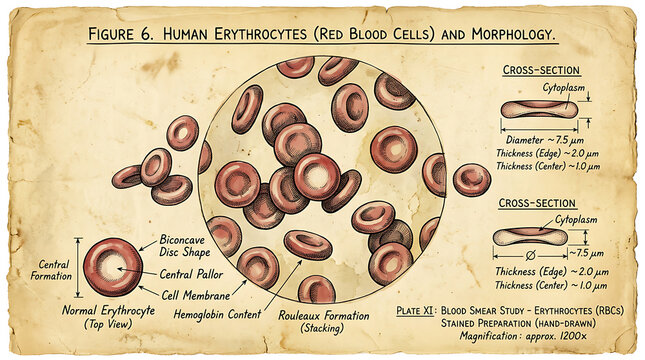 Vintage Medical Diagram of Human Red Blood Cells Erythrocytes Morphology and Biconcave Cross Section
