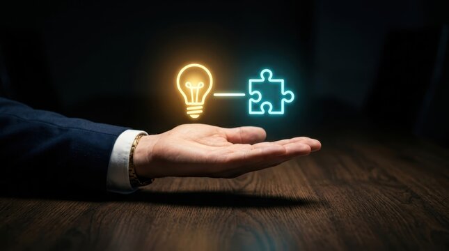 Businessman holding glowing neon light bulb and puzzle piece concept representing innovation problem solving creative thinking business strategy solution success and smart ideas in corporate.