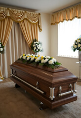 Obraz premium Funeral service and bereavement, wooden casket with white and yellow floral arrangement in a quiet mortuary chapel for a memorial ceremony