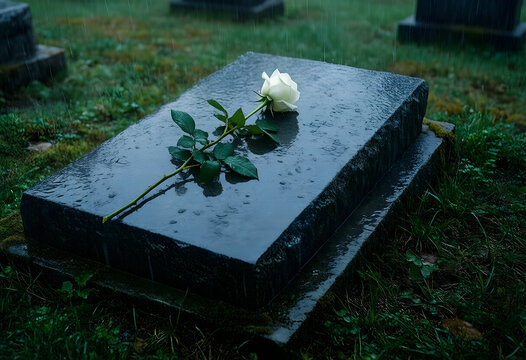 Grief and mourning concept, white rose on a wet granite tombstone in a cemetery during a rainy day, funeral tribute and remembrance of the deceased
