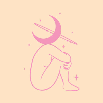 Surreal Celestial Moon Head Woman Vector Illustration