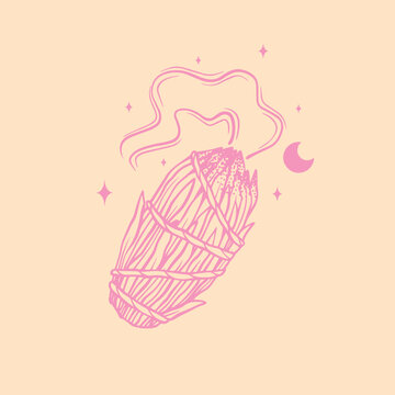 Burning Sage Smudge Stick Vector Illustration with Smoke, Crescent Moon, and Stars
