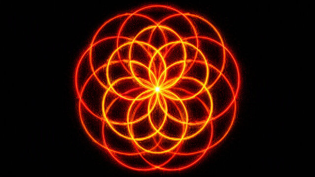 Glowing geometric pattern formed by intersecting orange and red circles