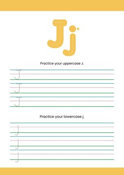 Educational worksheet for children to practice writing and tracing uppercase and lowercase letter J. Printable handwriting practice activity page designed for preschool, kindergarten, and early elemen