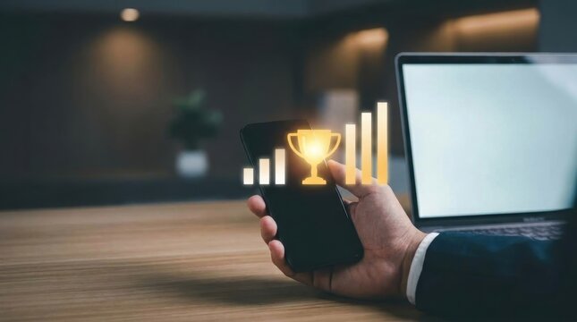 Businessman holding smartphone with digital analytics financial growth charts and golden trophy hologram representing business success achievement and corporate strategy in modern office setting