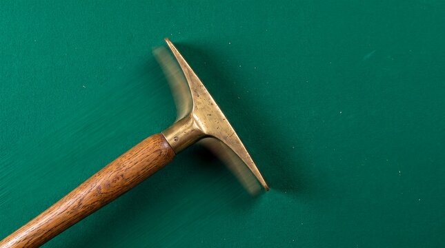 Rake dealer casino felt green gambling wooden handle brass motion A brass rake with a wooden handle sweeps across green felt in close view for casino table equipment catalogue pages