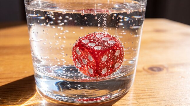Die red water glass bubbles gambling chance submerged cube closeup A red die covered in tiny bubbles rests inside a water glass on a sunlit wooden table for creative gambling campaign adverts