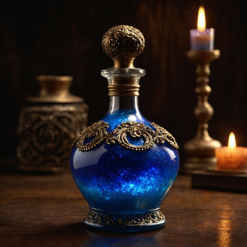 Antique blue glass potion bottle with glowing liquid and ornate metal decoration on a dark rustic wooden surface, magic alchemy still life